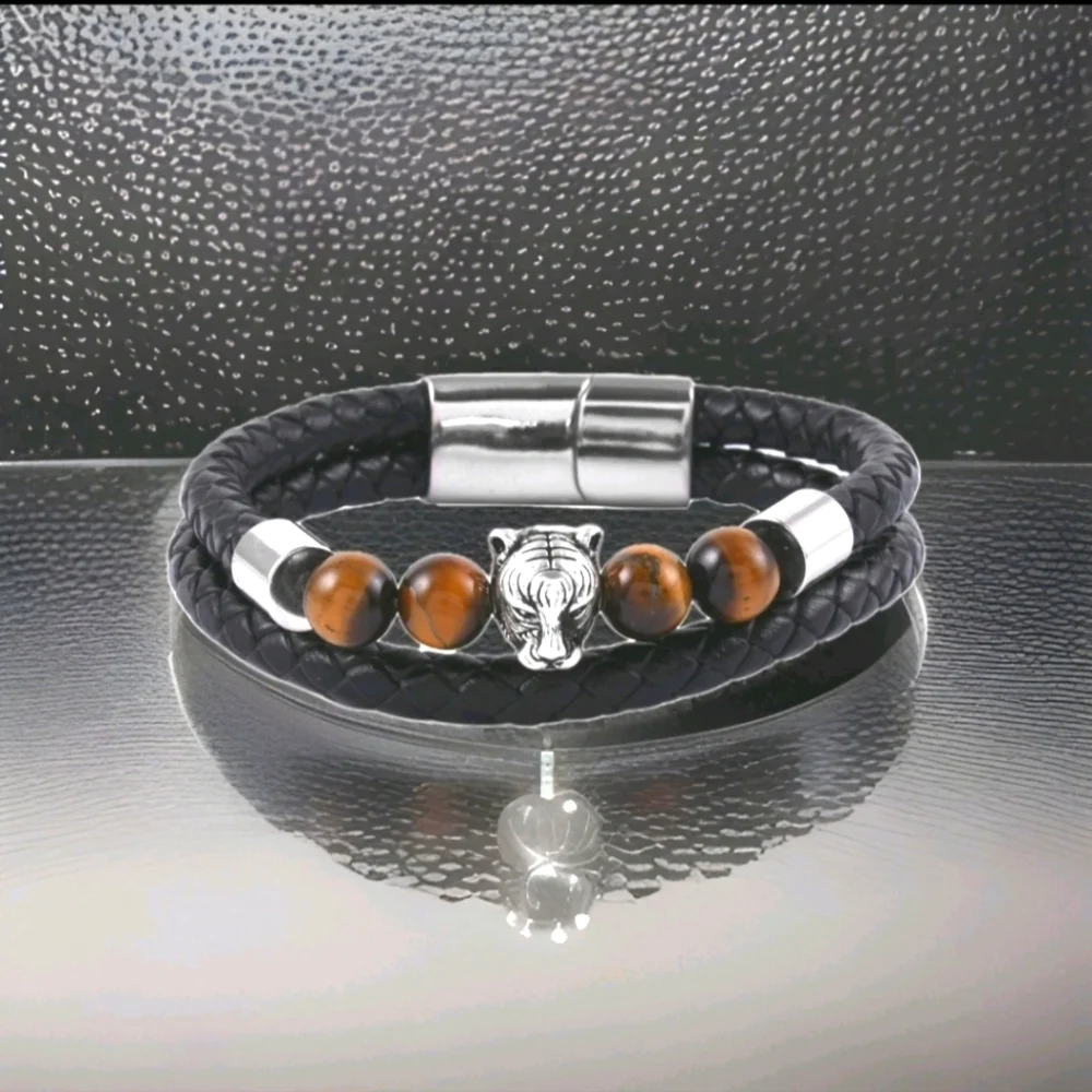 Genuine Leather Tiger's Eye Stainless Steel Panther Bracelet